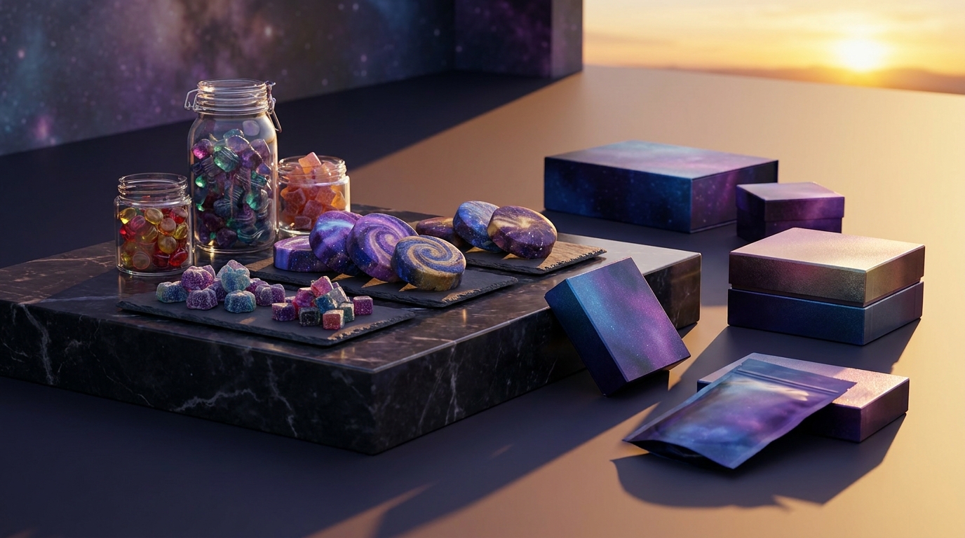 Assortiment de space cakes CBD premium et gummies sur table spatiale avec étoiles